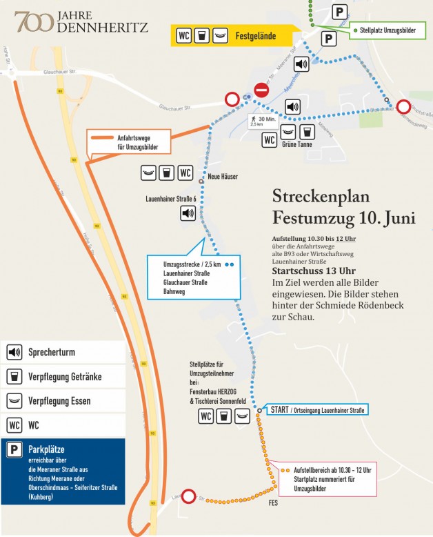 Streckenplan des Festumzugs 700 Jahre Dennheritz für Gäste