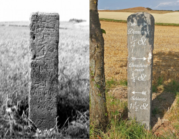 Der Wegweiserstein am Radweg in Oberschindmaas nach Schlunzig